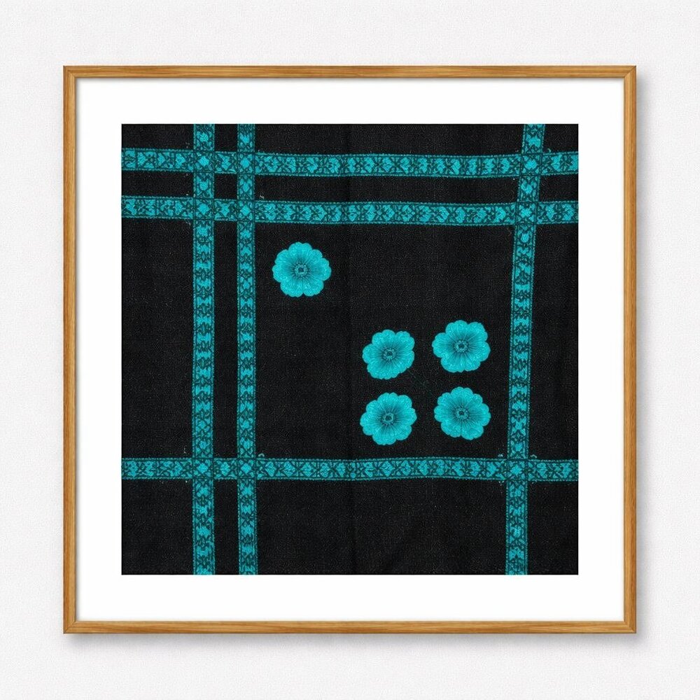 Vintage Wool Black Teal Scarf Floral Checkered Mid Century Modern Artistic Retro